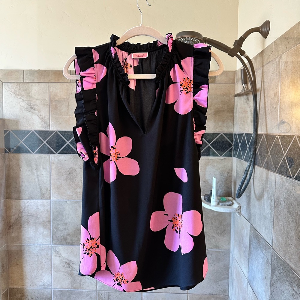 Kate Spade Floral Ruffle Sleeve Top - Black and Pink - M